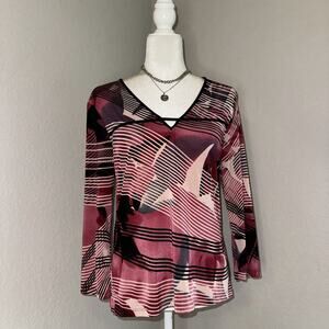 Nexxen Shirt Women's Medium Burgundy White Print V-Neck Long Sleeve Top Boho Y2K